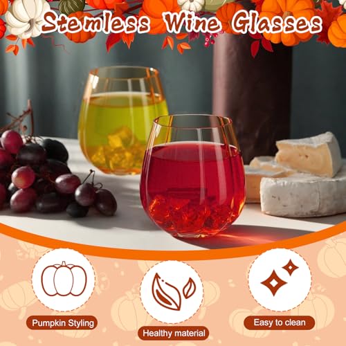 2 Pcs Fall Pumpkin Wine Glasses - Orange 17oz Stemless Glass Cups - Halloween & Thanksgiving Decor