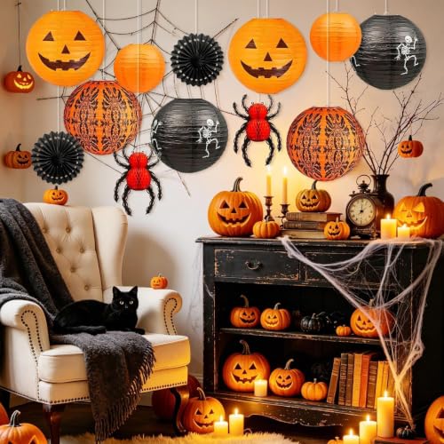 12 Pcs Halloween Paper Lanterns Decorations Jack-O'-Lantern Party Supplies