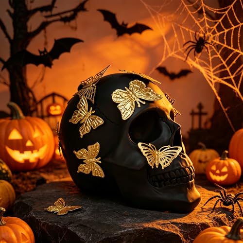 Black Skull Statue Gothic Figurine for Home Decor - Large Halloween Ornament with Butterflies