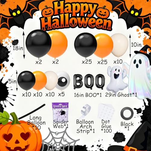Halloween Balloon Garland Arch Kit with Ghost, BOO, Spider Web & Eyeball Balloons - Black Orange White Sand Variation