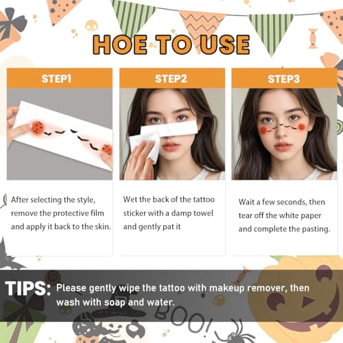 Halloween Face Tattoos - 12 Pack Kids Makeup Stickers with Pumpkin & Spooky Designs - Variation C