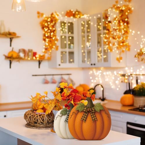 Fall Pumpkin Decorations Wooden Pumpkin Set - Orange, 3 Pieces, Rustic Home Decor