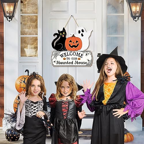 Halloween Door Hanging Sign - Welcome Ghost, Black Cat, Pumpkin Wood Decor for Haunted House & Party