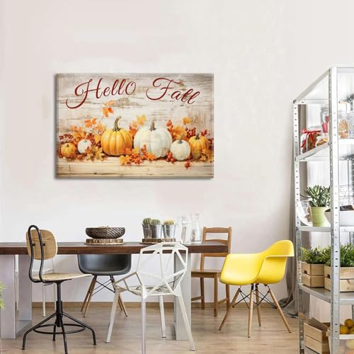 Fall Wall Art Pumpkin & Maple Leaves Canvas Decor - 48 x 32 Inches - Rustic Autumn Home Decor - Pumpkin-2 Variation
