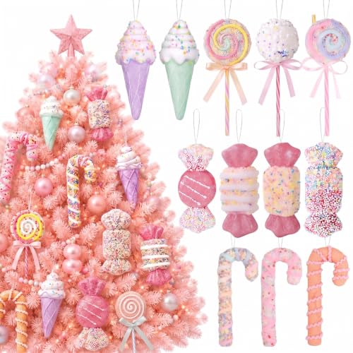 Pastel Christmas Candy Ornaments Set - Pink White Yellow Purple Green - 12 Decor Items