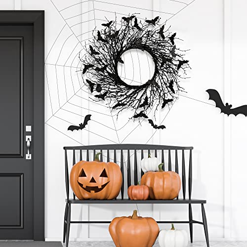 Halloween Black Twig Wreath with Glitter Bats - Handmade Front Door Decor - Black Variation