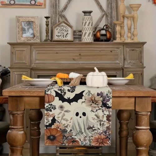 Halloween Ghost Pumpkin Bat Table Runner - Style 01, 13x72 Inch Seasonal Linen Decor
