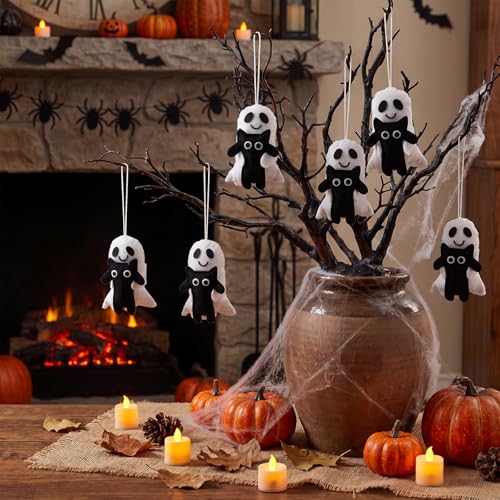 12 Pack Halloween Ghost Felt Ornaments with Black Cat Hanging Decorations