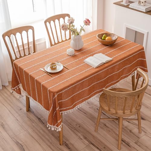 Burnt Orange Linen Rectangle Tablecloth with Tassels 55x102 Inch Farmhouse Decor