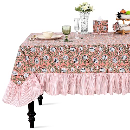 Dark Salmon Pink Cotton Ruffle Hand Block Print Tablecloth 60x60 Square - Ridhi