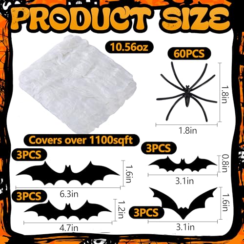 White 1100 Sqft Halloween Spider Webs Decoration with 60 Spiders & 12 Bats