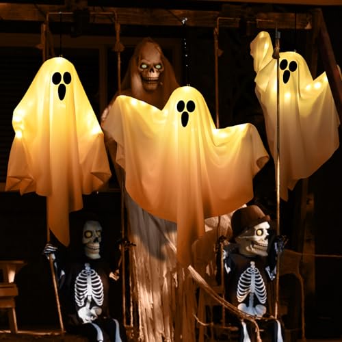 Light-Up Hanging Ghosts Halloween Decorations, 2 Pack, White