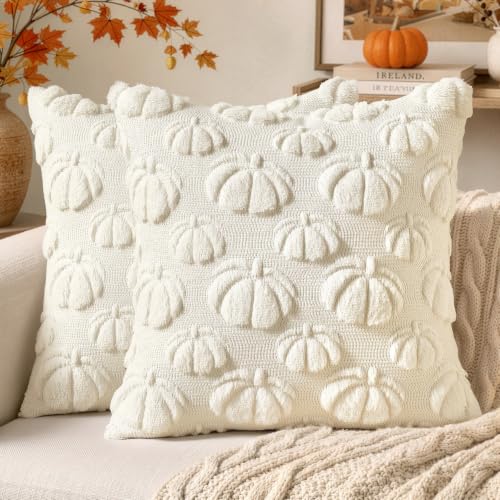 Cream White Fall Decor Pillow Covers 20x20 Set of 2 Pumpkin Embroidered