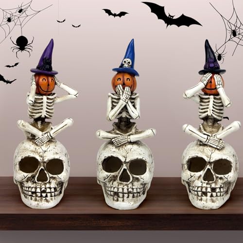 Halloween Skeleton Pumpkin Figurine Set of 3 - See Speak Hear No Evil Decor