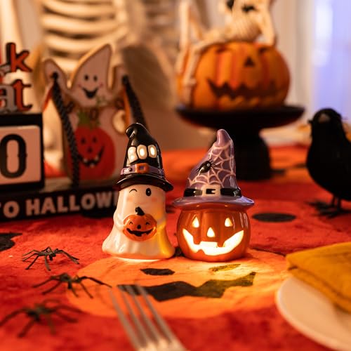Halloween Ceramic Figurines with Lights - Jack o Lantern & Ghost Decor, 2 Pack