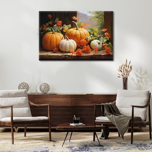 Pumpkin Canvas Wall Art - Fall Autumn Halloween Decor - 48x32 Inches - Rustic Framed Artwork for Living Room & Kitchen - Sunfrower