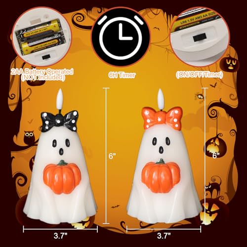 Halloween Ghost Flameless Candles with 6H Timer Hand-Painted Bows - B-2 Ghost Bows