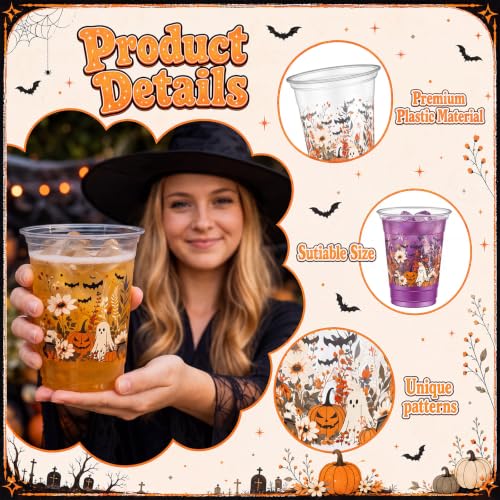 Halloween Plastic Cups 12 oz - Ghost Bats Floral Party Supplies - 100 Pack