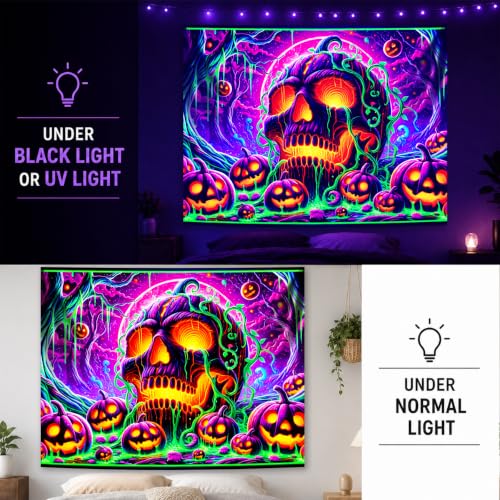 Halloween Black Light Tapestry UV Reactive Wall Decor - Skull C Variation 90x70"