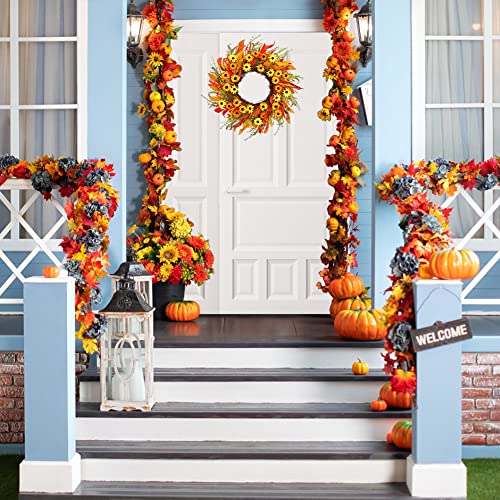 Artificial Fall Wreath 20 Inch Autumn Flowers & Leaves for Front Door Decor