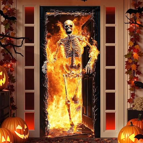 Large Halloween Skeleton Door Cover with Fire Escape - Indoor Outdoor Haunted House Decor