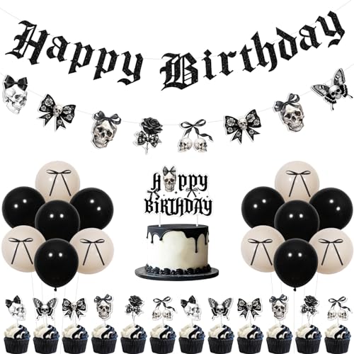 Gothic Birthday Decorations Set with Banner Balloons Cake Toppers Skull Skeleton