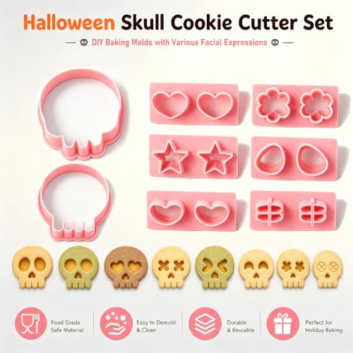 Halloween Skull Cookie Cutters Set - 10Pcs Mini Pumpkin & Skull Stamps - Variation: Halloween Skull