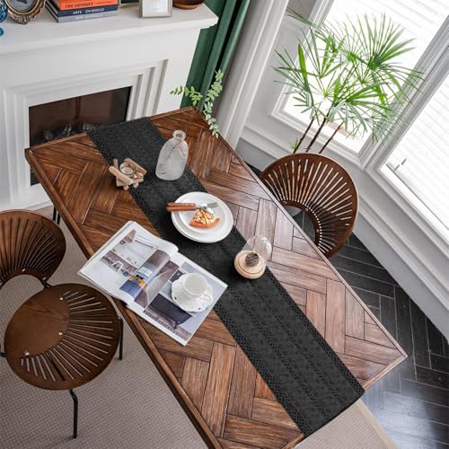 Macrame Table Runner Black Boho 12x48in with Tassels - Solid Variation