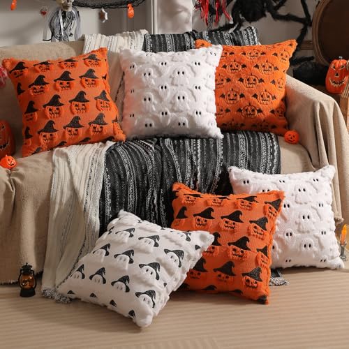 20x20 Inch Halloween Pillow Covers Set of 2 - Faux Fur Double-Sided Pumpkin Bat & Pumpkin with Hat, Plush Fall Home Decor - Orange Variation