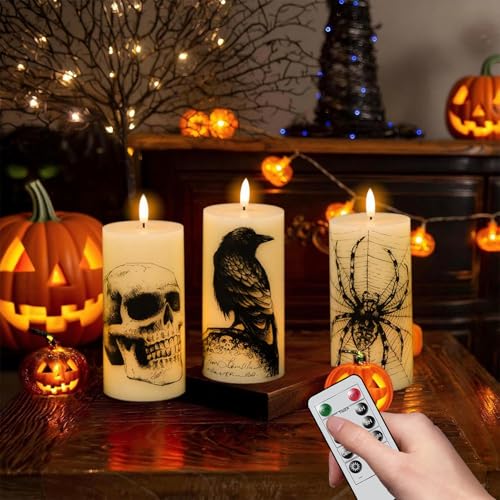 Halloween Skull Flameless Candles Set with Remote & Timer - Real Wax, 3 Pack