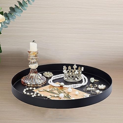 Black Round Metal Candle Holder Tray - Decorative Serving Tray 11.8 Inch - Black