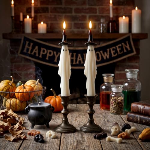 Halloween Witch Ghost Flameless Taper Candles - Battery Operated, Timer, Safe Decor