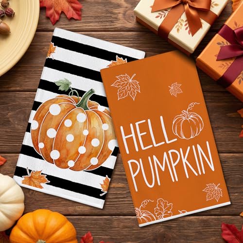Pumpkin Stripe Fall Kitchen Towels Set of 2 - 18x28 Inches, Autumn Decor