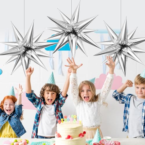 Silver Star Foil Balloons Set - Explosion 12-Point Cone Balloons for Wedding & Party Decor - Variation: Silver Star Cones