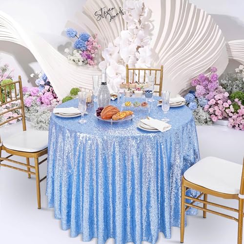 Baby Blue 132 Inch Round Sequin Tablecloth Glitter Cover for Wedding Party Bridal Shower