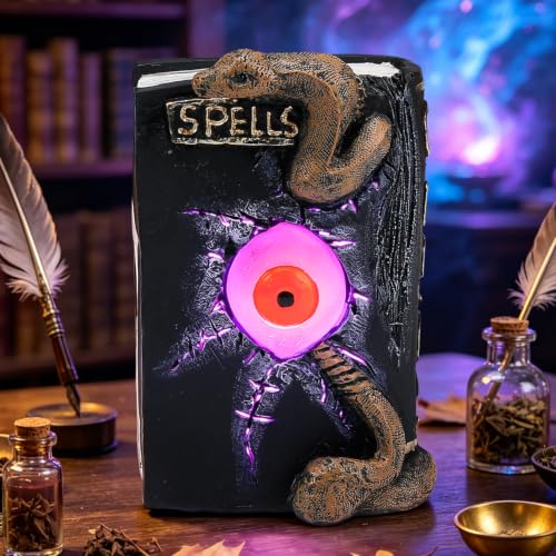 Halloween Spellbook Statue with LED Eyeball and Snake Variation - Spooky Resin Table Decor
