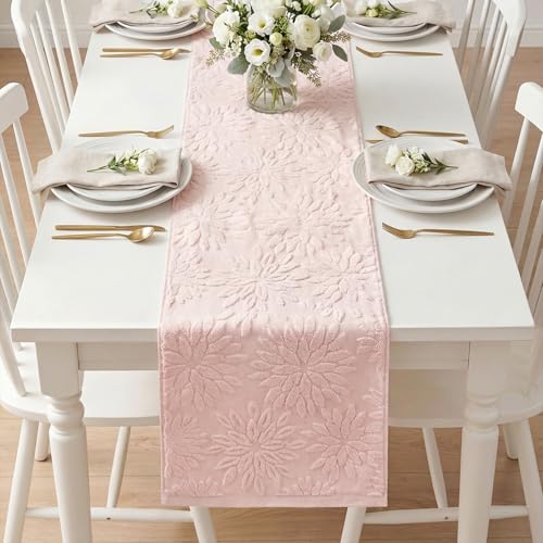 Pink 13x72 Inch Cotton Table Runner - Floral Dahlia Pattern, Spring Home Decor