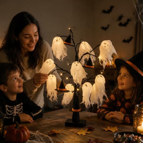 Halloween Indoor Decor with Ghost and Witch Hat Light - Spooky Tabletop Centerpiece