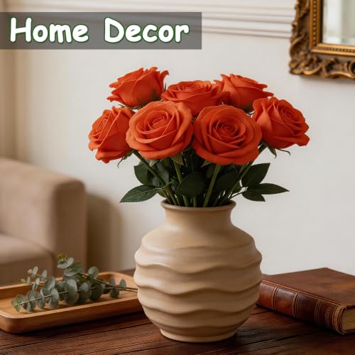 Artificial Orange Rose Flowers with Stems - 12 Pack, Realistic Silk Blooms