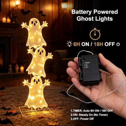 Halloween Decorations Lighted 3 Stacked Ghosts - Battery Operated LED Ghost Yard Sign with Timer, Indoor Outdoor Holiday Decor