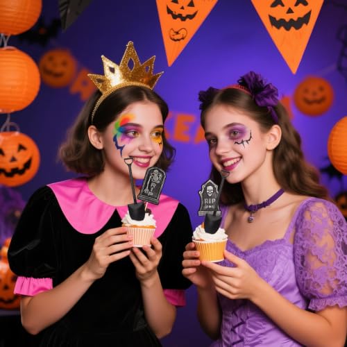 Halloween Cupcake Toppers with Tombstone Graveyard Design - 48 Pcs Cake Decorations with Shovel Spoons