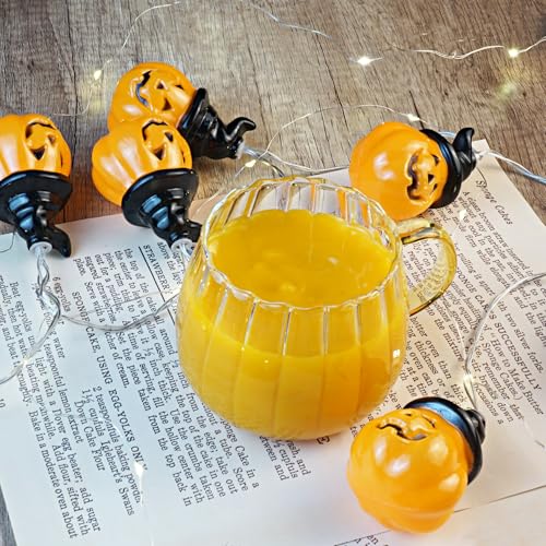 Halloween Pumpkin Glass Coffee Mugs Set of 4 - 14oz with Yellow Handle