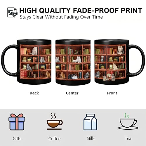 Book Lover Mug - 11oz Ceramic Coffee Cup with Book and Cat Design