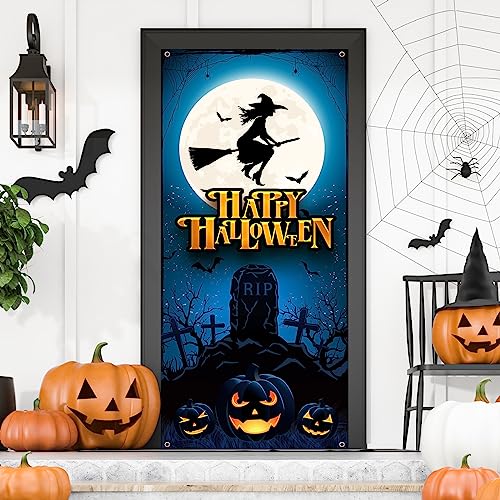 Panelee Halloween Skeleton Witch Window Cover - 79x35 Inches Party Backdrop with Moon Variation