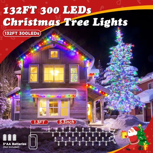 Multicolor Battery Operated Christmas String Lights - 132FT 300 LEDs Outdoor Indoor with 8 Modes & Timer