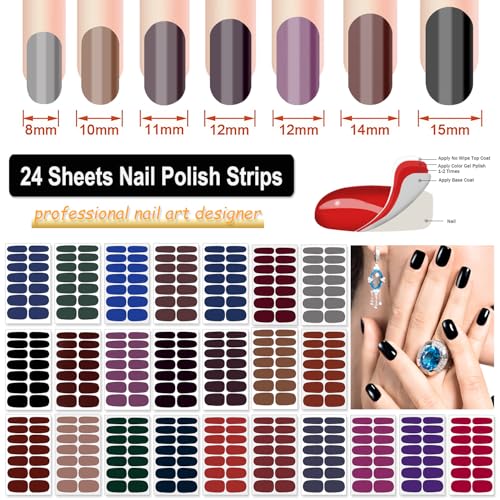 Dark Solid Color Glitter Nail Polish Strips - 24 Sheets with Bonus File & Cuticle Stick - Variation of Glitter & Solid Color-03