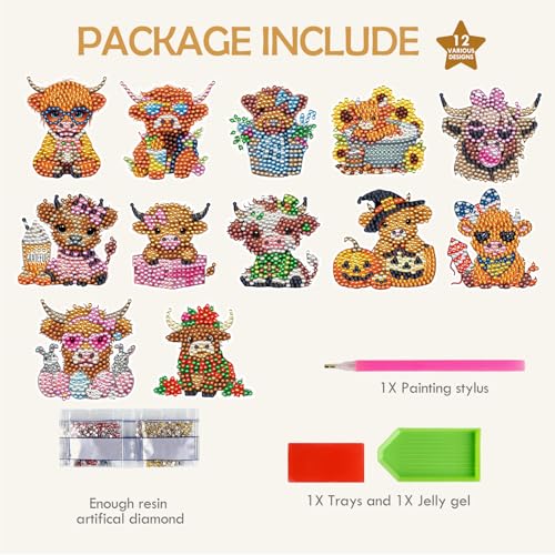Highland Cow Diamond Art Magnets Set - DIY Refrigerator & Holiday Decor