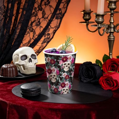 Halloween Paper Cups 9oz Blooming Floral Skull Design - 50 Pack Disposable Drinkware