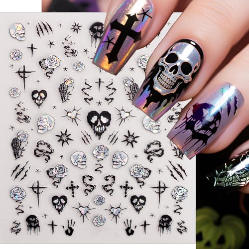 Halloween Nail Stickers Set - 6 Sheets Holographic Gothic Ghost Skull Spider Web Decor for DIY Manicure - Black & White