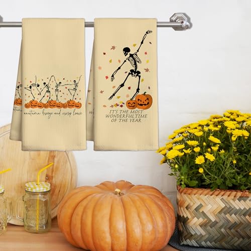 Halloween Kitchen Towels Set of 2 - Dancing Skeleton Pumpkin Design - Yellow Variation